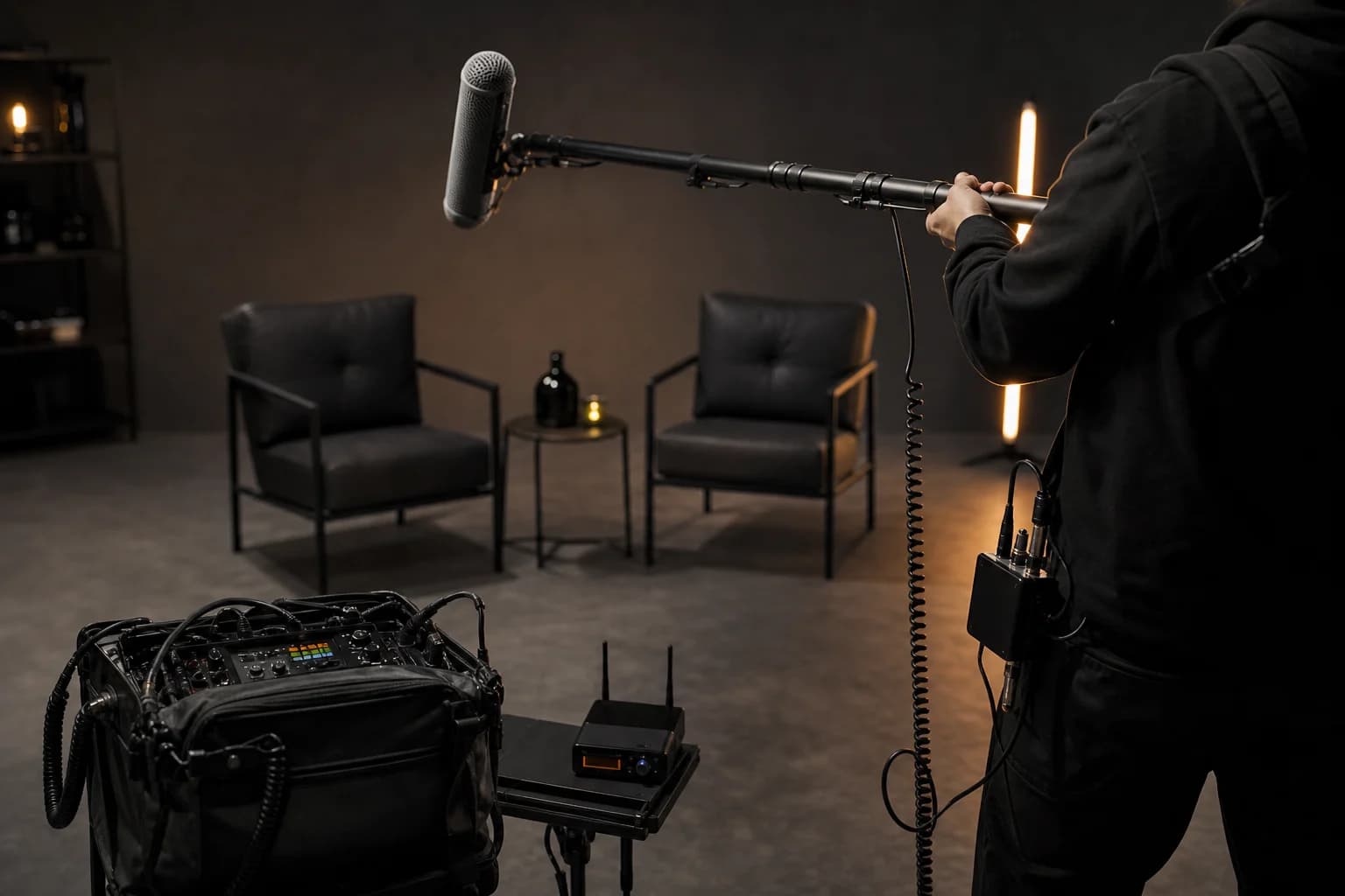 Técnico de sonido operando un micrófono boom y una grabadora de audio para una entrevista