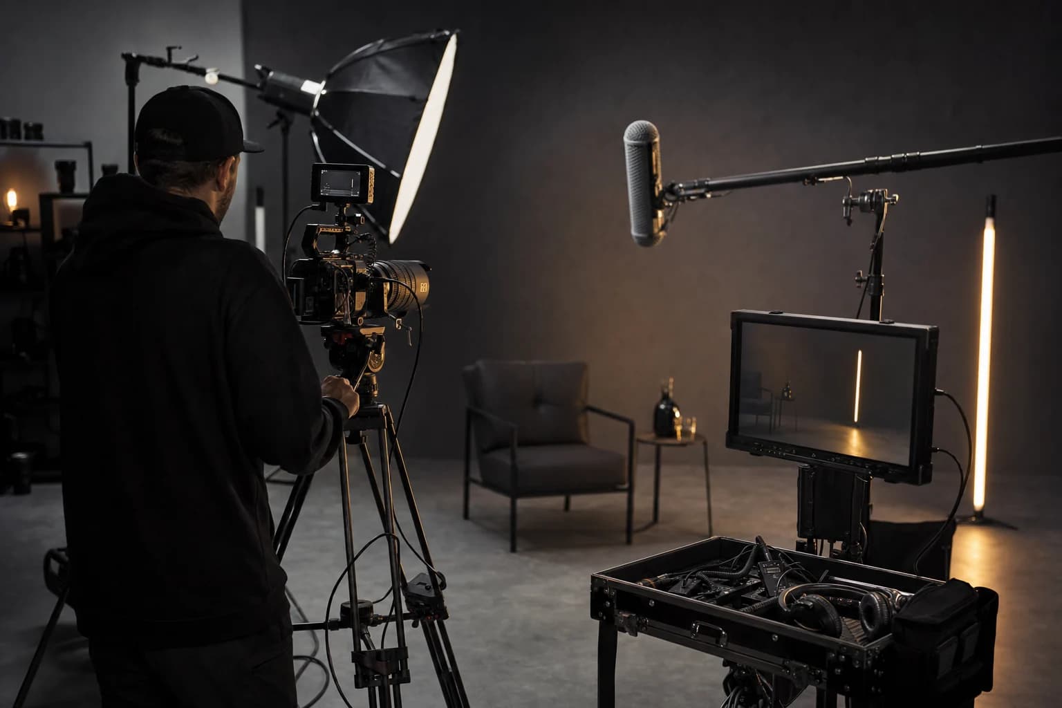 Equipo audiovisual preparado para una producción dentro de un estudio oscuro