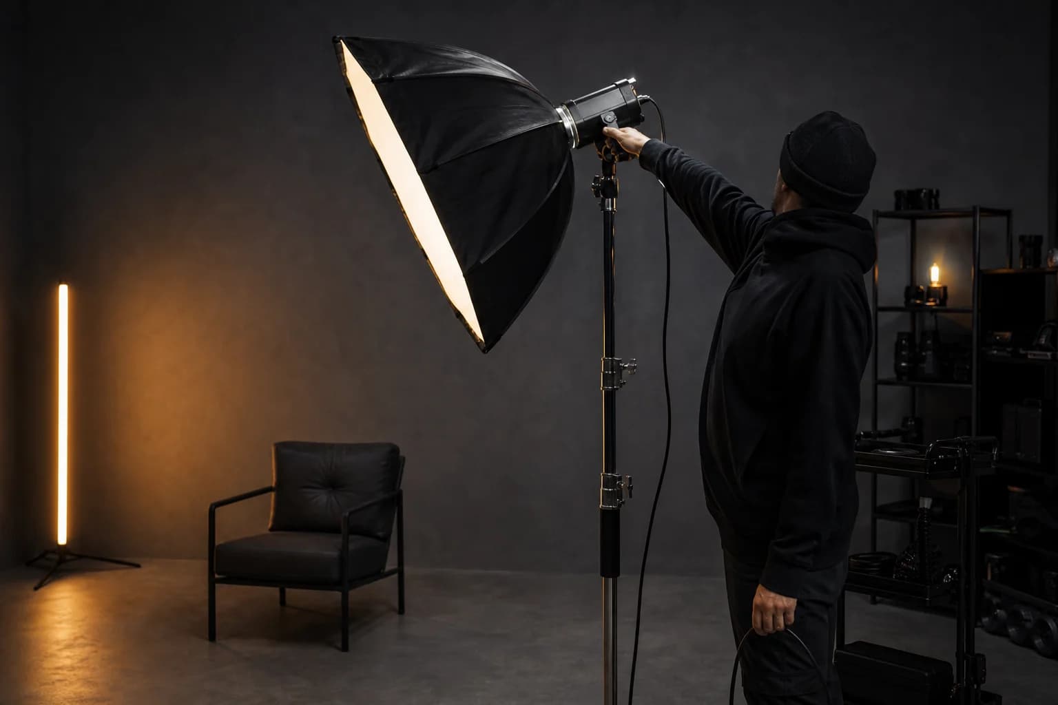 Técnico ajustando una luz profesional con softbox dentro de un estudio