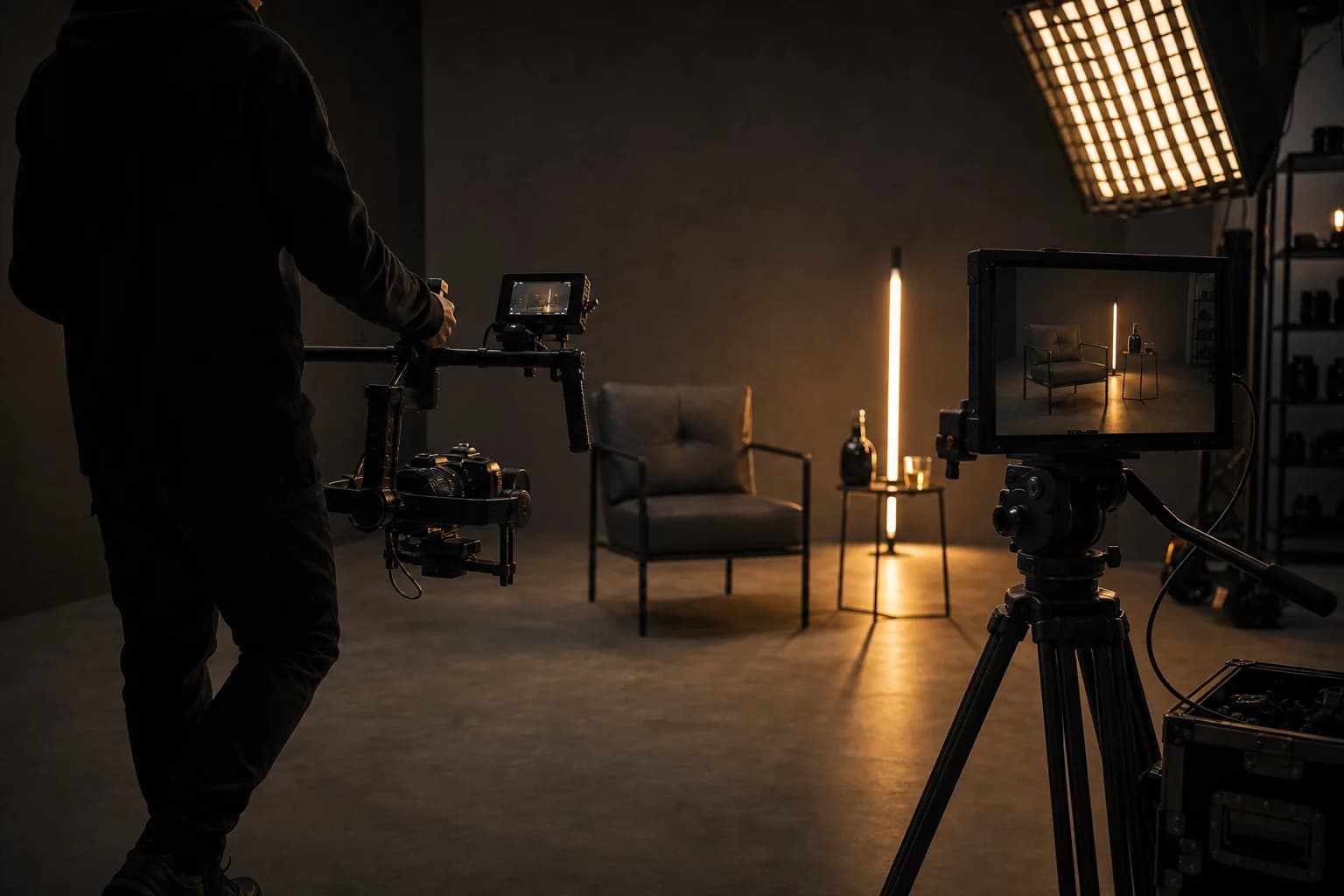 Operador usando un gimbal junto a un monitor de campo y un trípode dentro de un estudio